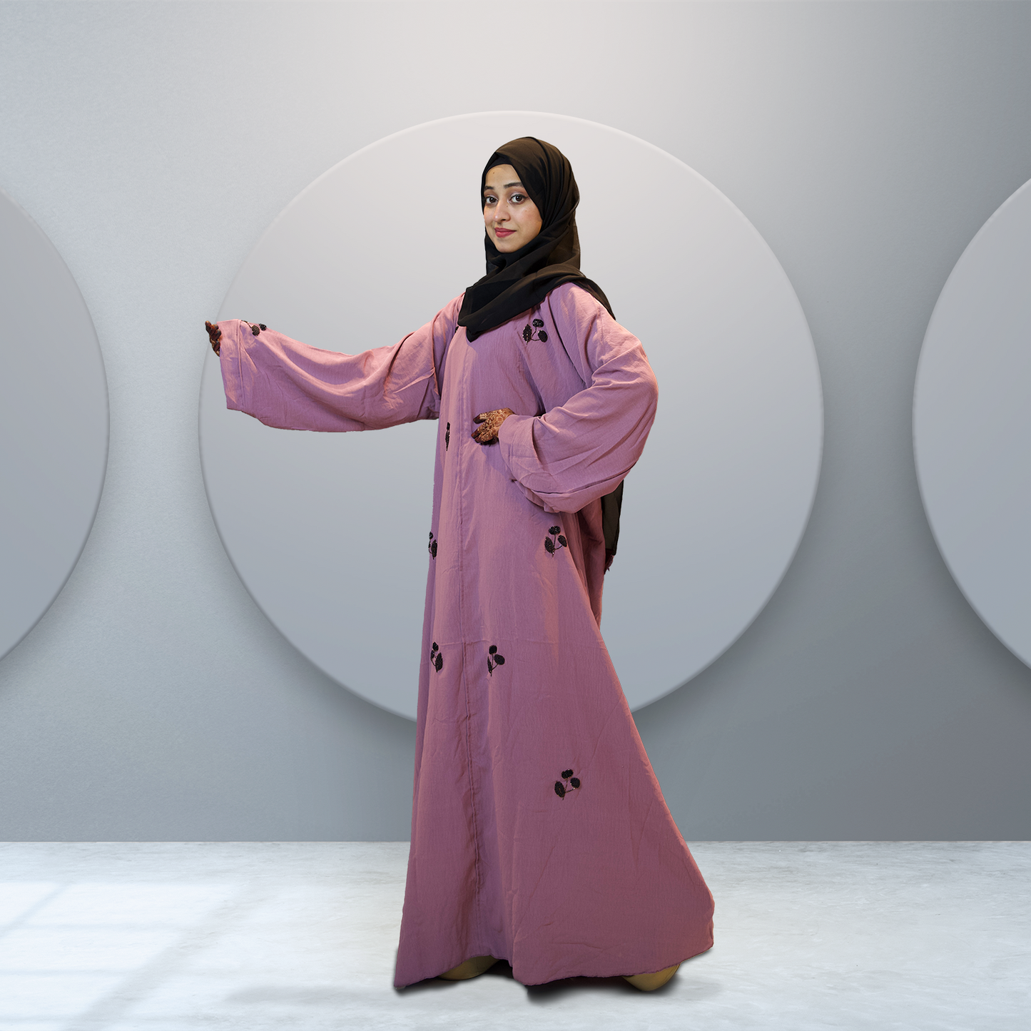 Purple Pink Kaftan Abaya with Black Floral Design