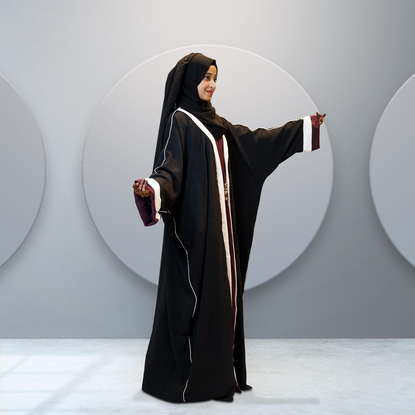 Shop Elegant Contrast Abaya in Black and Deep Maroon for Women