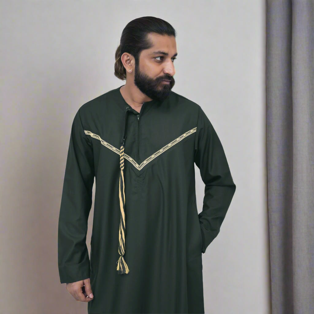 Dark Green & Gold Emirati Thobe for Men