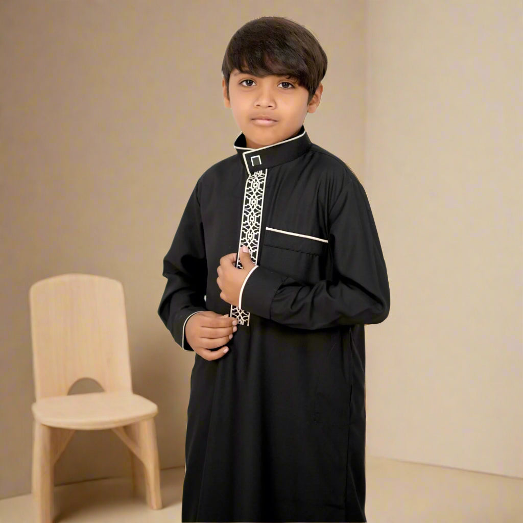 Elegant Black Prestige Kids Thobe for Ramadan, Eid, and prayers