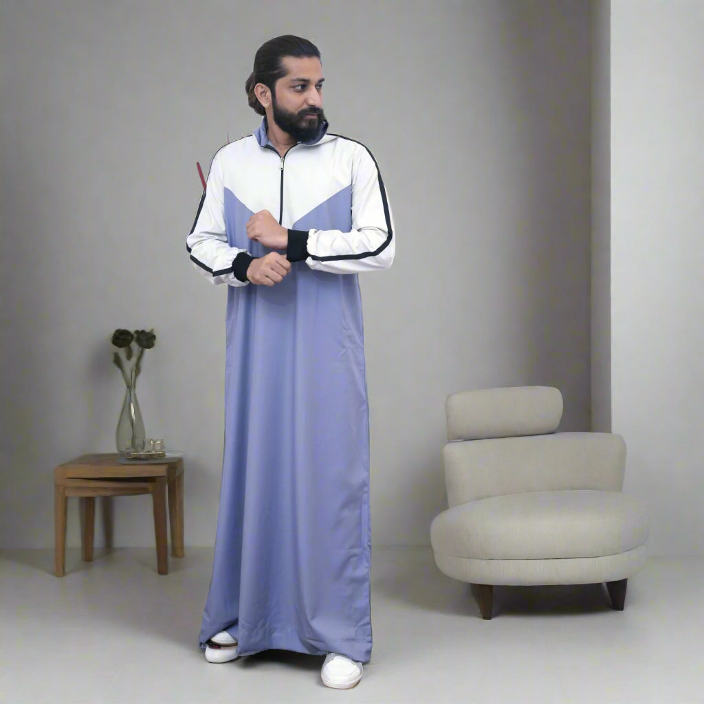 Blue & White Hoodie Thobe for Men at Alhaya Fashion