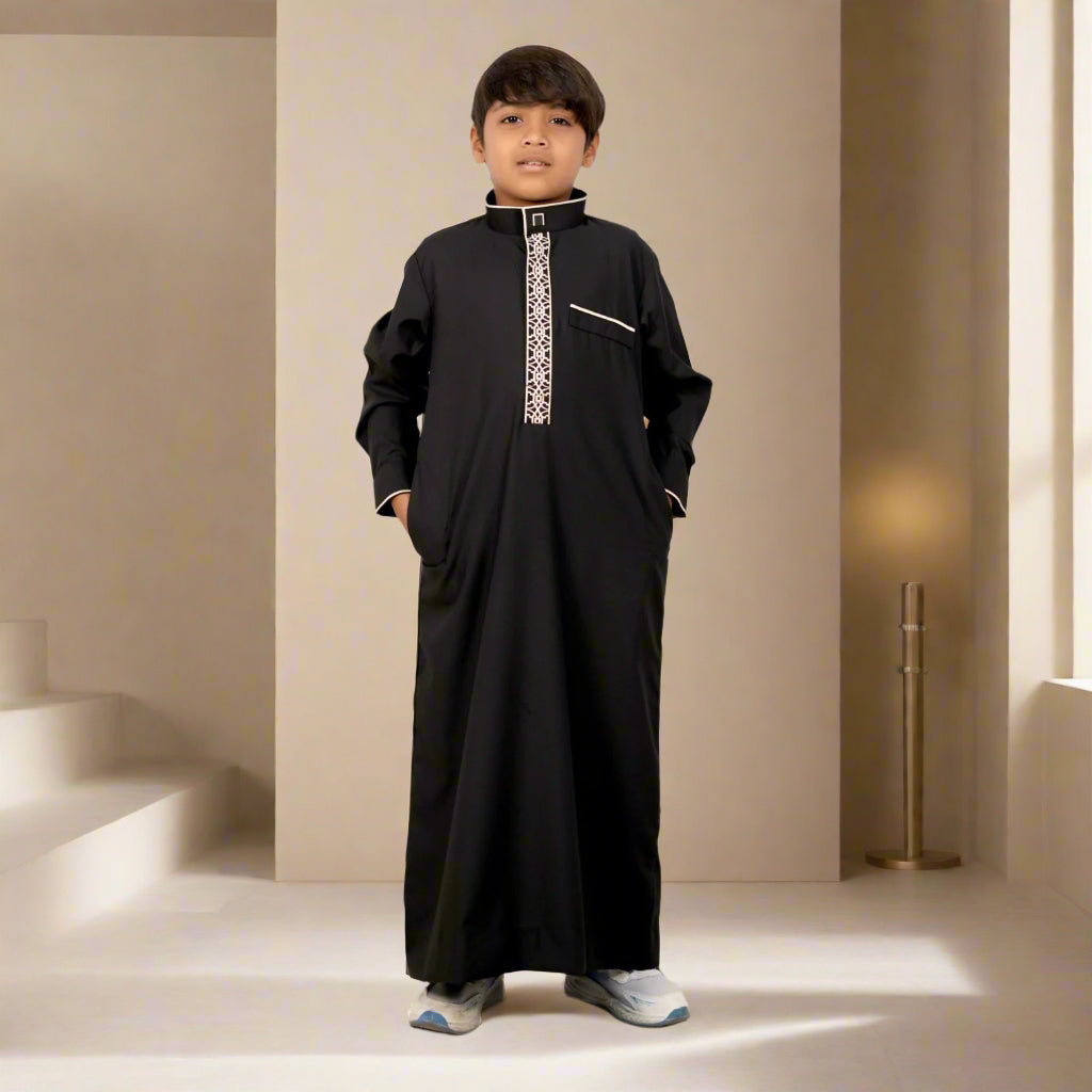 Black Prestige Kids Thobe with gold embroidery and modern collar